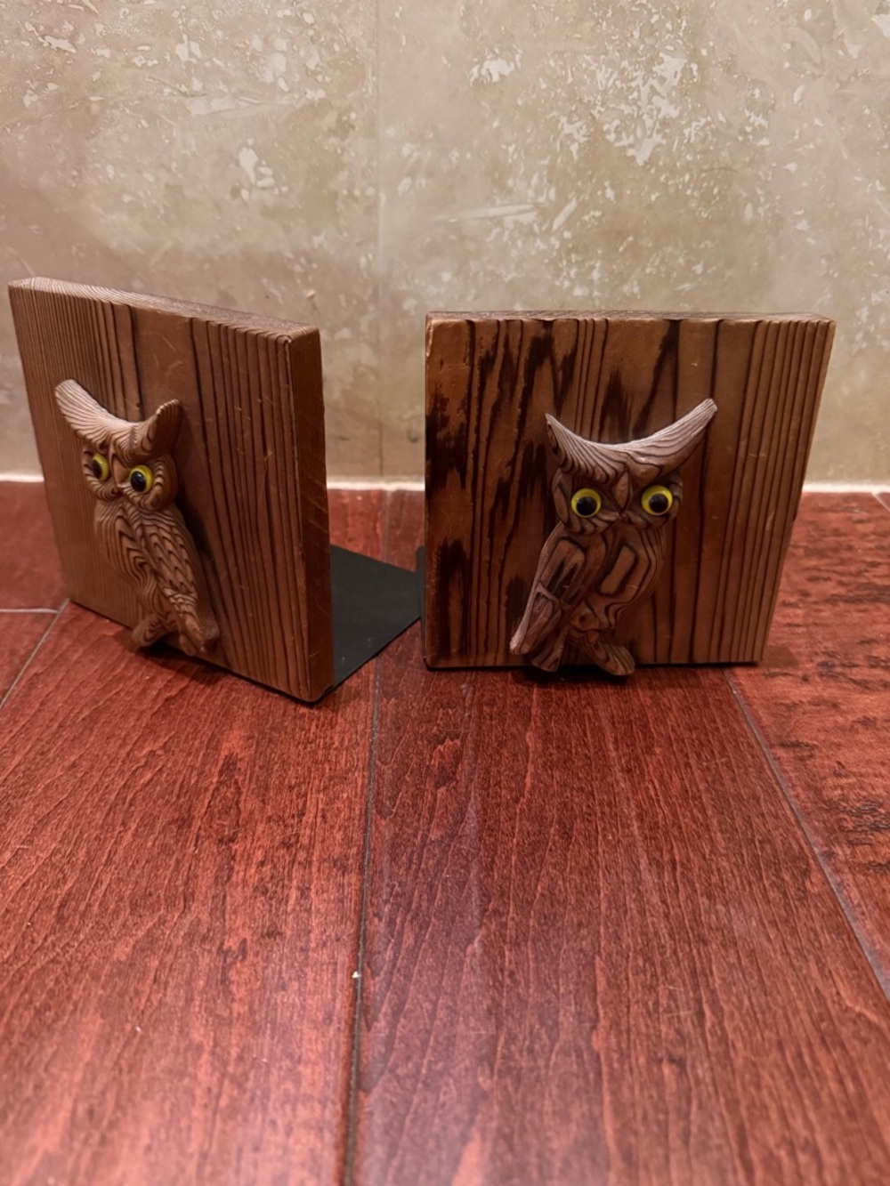 Vintage MCM Carved Wood Owls Glass Eyes Metal Base 70's Bookends Set